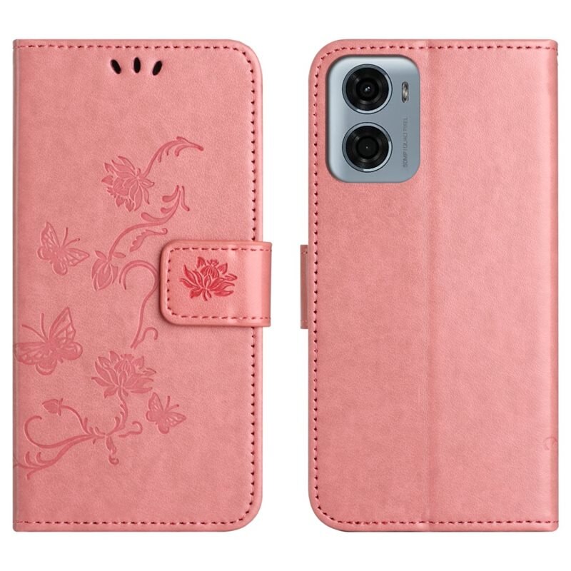 Motorola Moto G05 Leren vlinderhoesje Roze - Mooi telefoonhoesje met patroontje