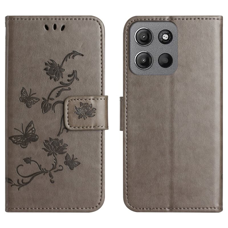 Motorola Moto G15 Leren vlinderhoesje Grijs - Mooi telefoonhoesje met patroontje