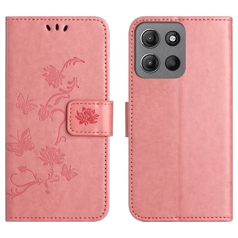 Motorola Moto G15 Leren vlinderhoesje Roze - Mooi telefoonhoesje met patroontje