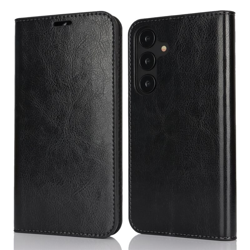 Samsung Galaxy S25 Plus Mobielhoesje Echt Leer Zwart - Dun hoesje met kaartvak en standaardfunctie