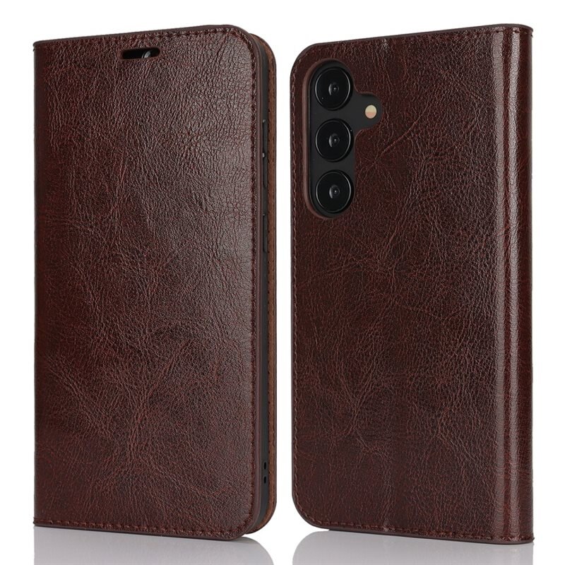 Samsung Galaxy S25 Plus Mobielhoesje Echt Leer Donkerbruin - Dun hoesje met kaartvak en standaardfunctie