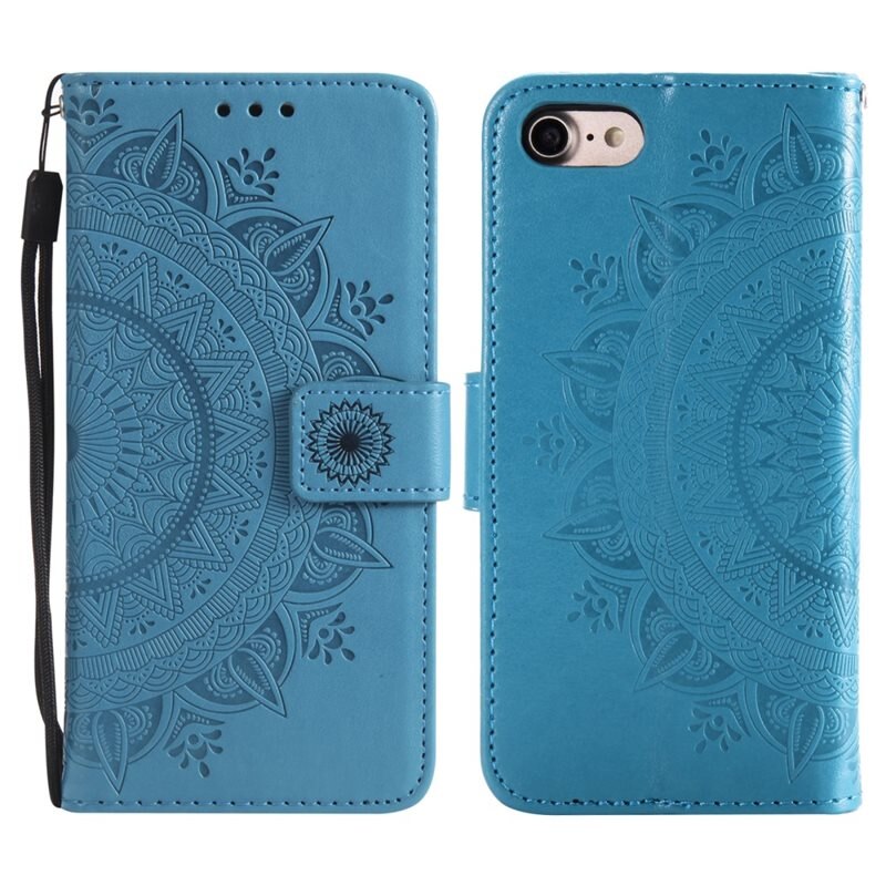 iPhone 16e Leren Mandalahoesje Blauw - Hoesje met cameragat en uitschuifbare standaard