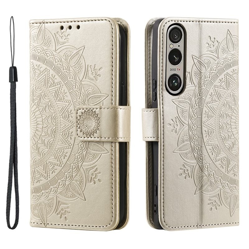 Sony Xperia 1 VII Leren Mandalahoesje Goud - Hoesje met cameragat en uitschuifbare standaard