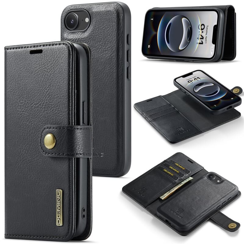 DG.MING Magnet Wallet iPhone 16e Black - Stijlvol lederen boekhoesje met afneembaar magnetisch binnenhoesje