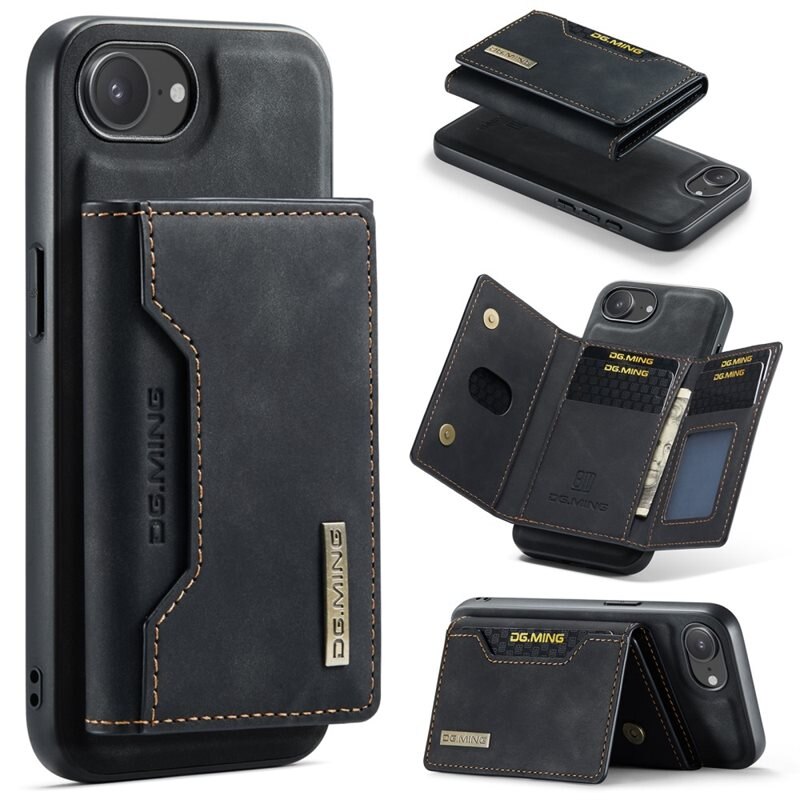 DG.MING Magnetic Card Slots Case iPhone 16e Zwart - Mooi leren hoejse met afneembaar portemonneetje