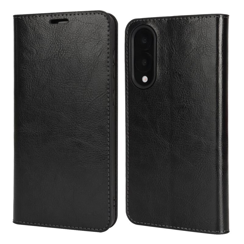 Samsung Galaxy S25 Edge Mobielhoesje Echt Leer Zwart - Dun hoesje met kaartvak en standaardfunctie