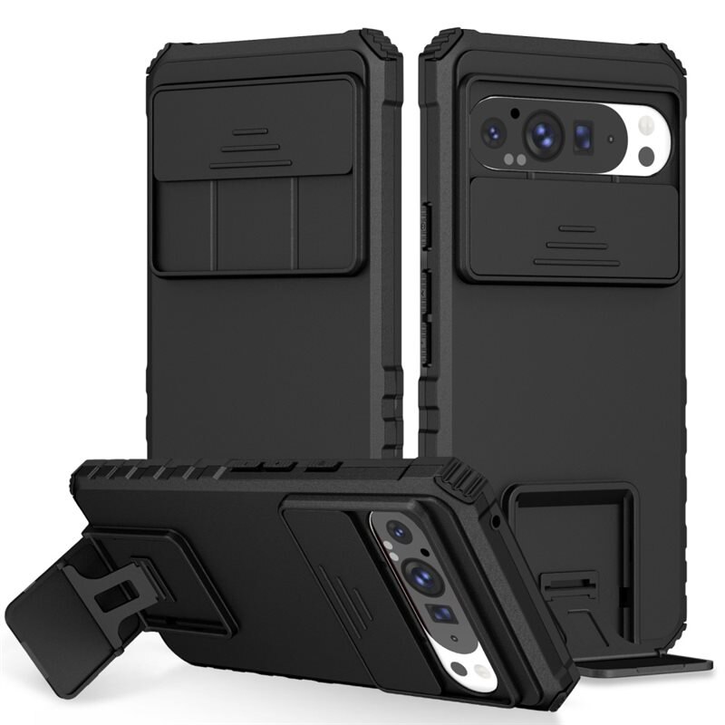 Google Pixel 9 Pro XL Kickstand Hoesje met Camera Protector Zwart - Hoesje met cameragat en uitschuifbare standaard