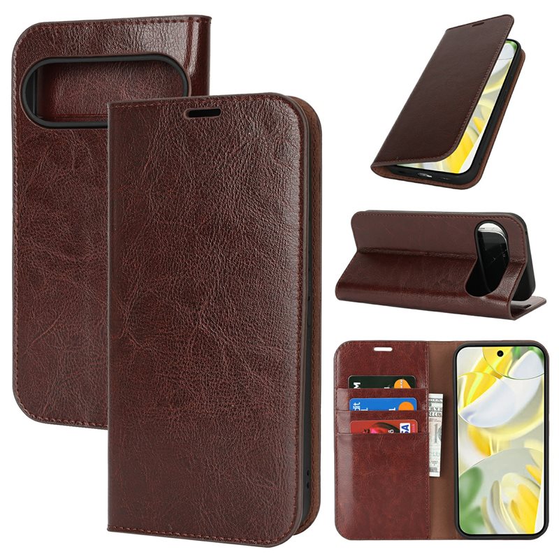 Google Pixel 10 Pro XL Mobielhoesje Echt Leer Donkerbruin - Dun hoesje met kaartvak en standaardfunctie