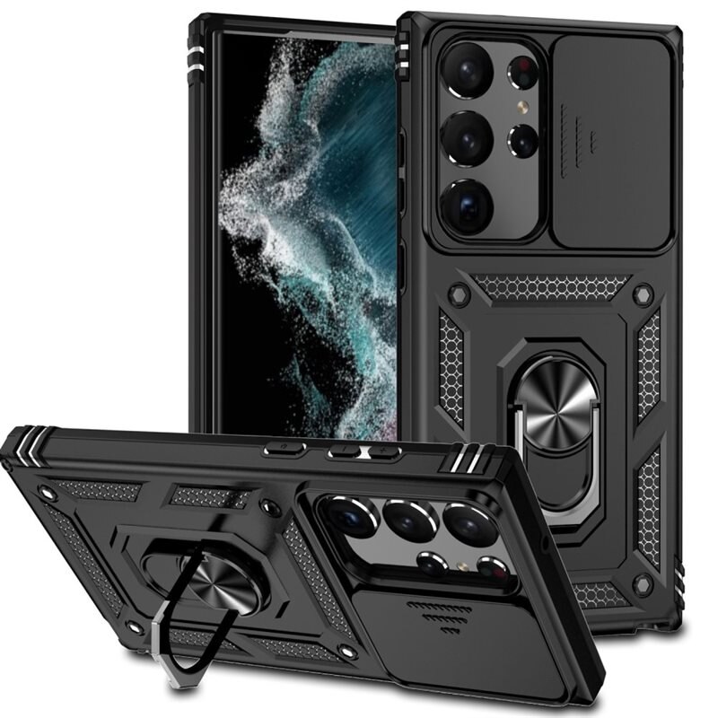 Samsung Galaxy S23 Ultra Hybridcase Ring + Camera Protector Zwart - Cool hoesje met gripring en cameraluikje