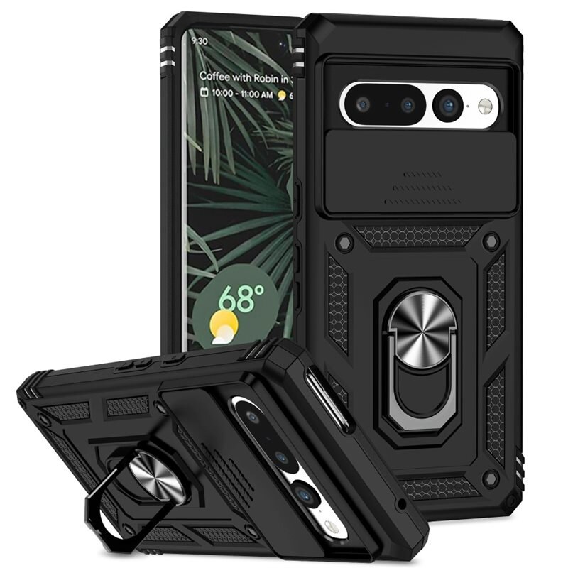 Google Pixel 7 Pro Hybridcase Ring + Camera Protector Zwart - Cool hoesje met gripring en cameraluikje