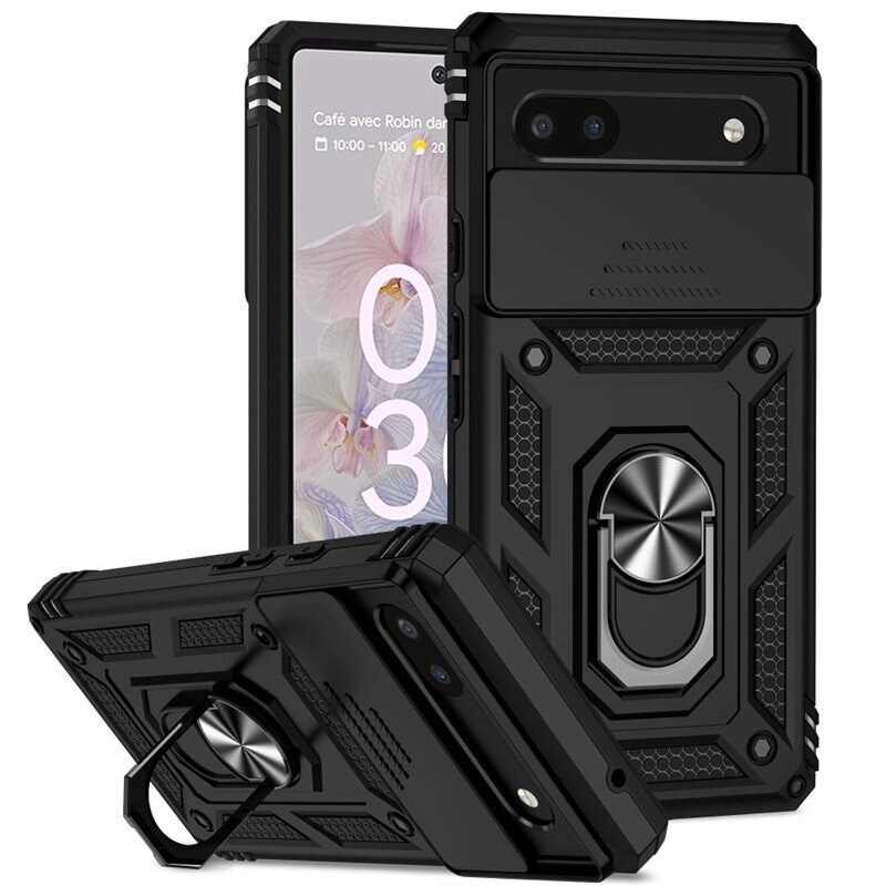 Google Pixel 6a Hybridcase Ring + Camera Protector Zwart - Cool hoesje met gripring en cameraluikje
