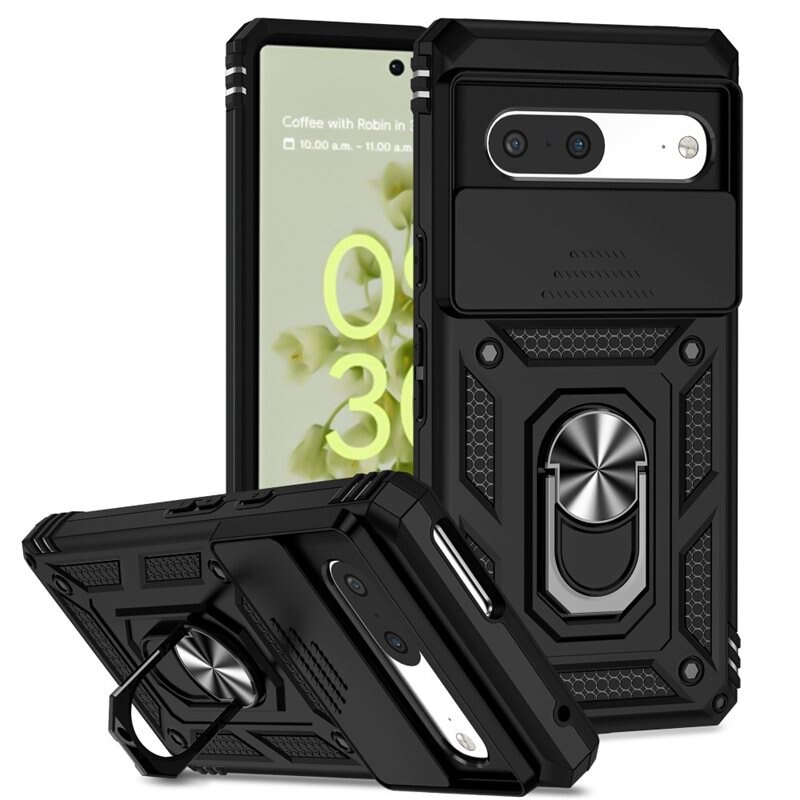 Google Pixel 7 Hybridcase Ring + Camera Protector Zwart - Cool hoesje met gripring en cameraluikje
