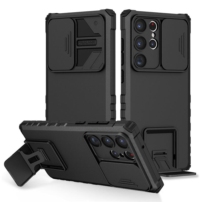 Samsung Galaxy S23 Ultra Kickstand Hoesje met Camera Protector Zwart - Hoesje met cameragat en uitschuifbare standaard