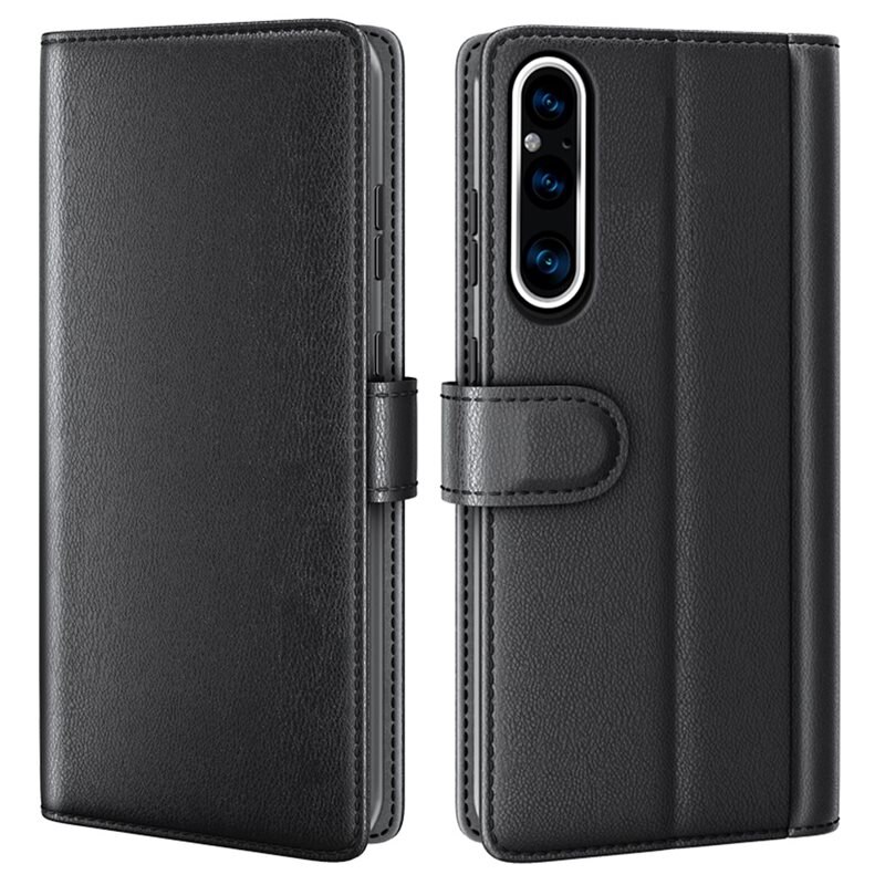 Sony Xperia 1 V Echt lederen hoesje Zwart - Klassiek boekhoesje met plek voor briefgeld en pasjes
