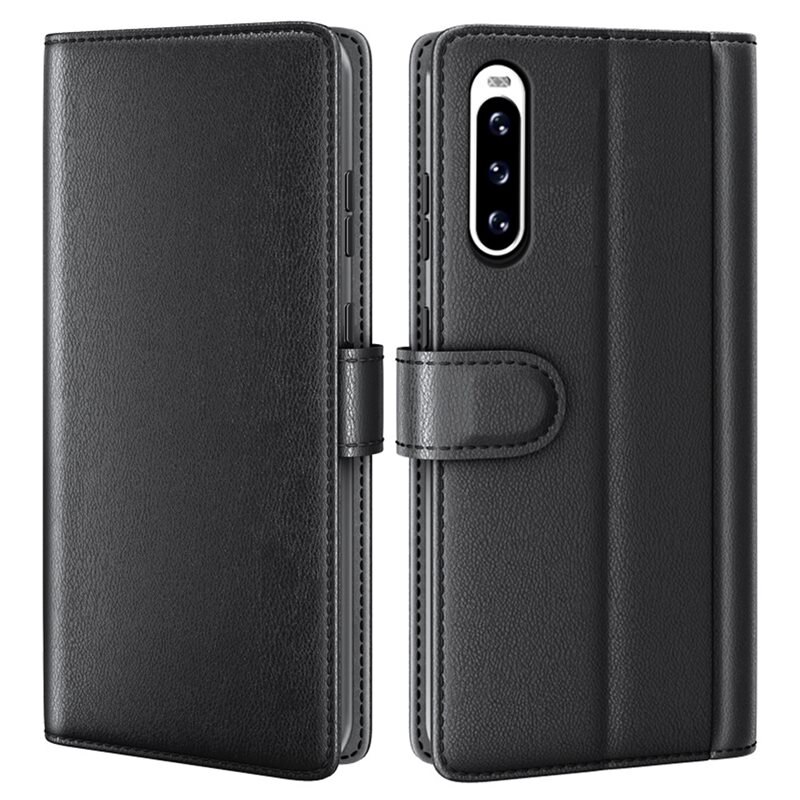 Sony Xperia 10 V Echt lederen hoesje Zwart - Klassiek boekhoesje met plek voor briefgeld en pasjes
