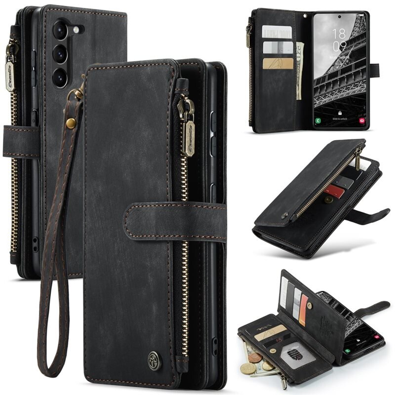 CaseMe Bookcover hoesje Rits Samsung Galaxy S23 Zwart - Telefoonhoesje met portemonnee - Plek voor pasjes, muntgeld en briefgeld