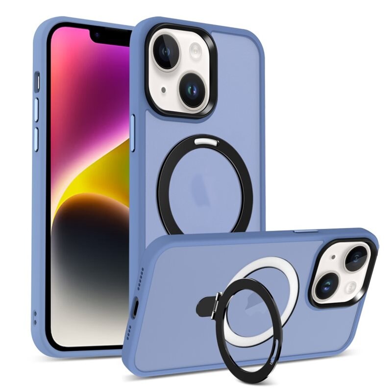 iPhone 14 Hybridcase MagSafe Ring Blauw - Fraaie hoesje met uitklapbare magnetische ring