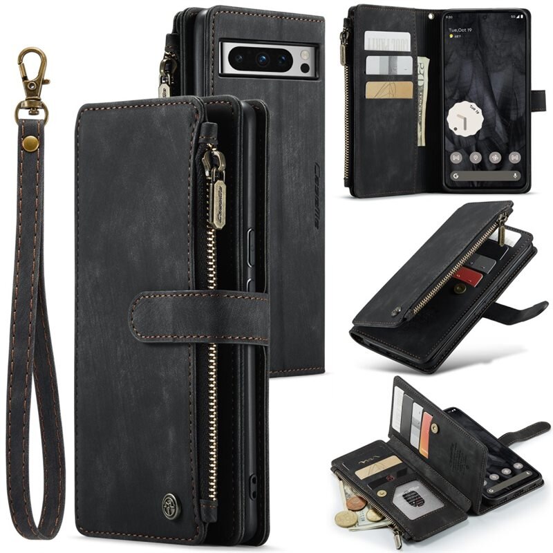 CaseMe Bookcover hoesje Rits Google Pixel 8 Pro Zwart - Telefoonhoesje met portemonnee - Plek voor pasjes, muntgeld en briefgeld