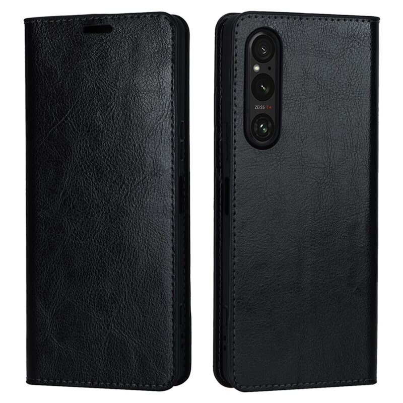 Sony Xperia 1 V Mobielhoesje Echt Leer Zwart - Dun hoesje met kaartvak en standaardfunctie