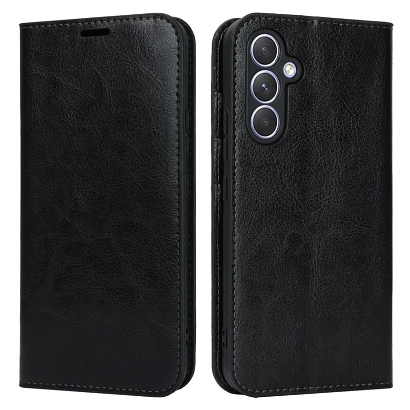Samsung Galaxy A54 Mobielhoesje Echt Leer Zwart - Dun hoesje met kaartvak en standaardfunctie