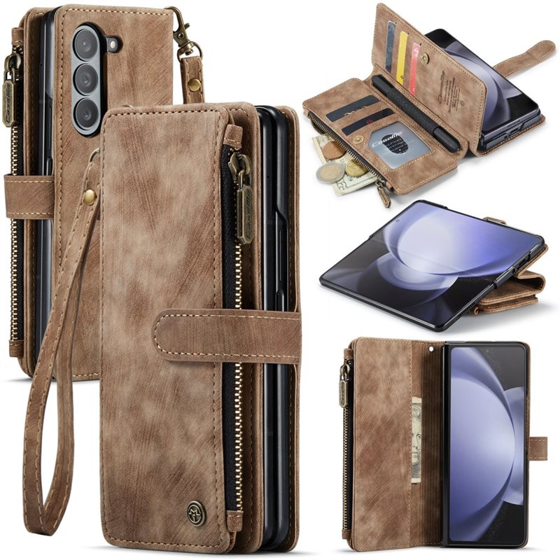 CaseMe Bookcover hoesje Rits Samsung Galaxy Z Fold 5 bruin