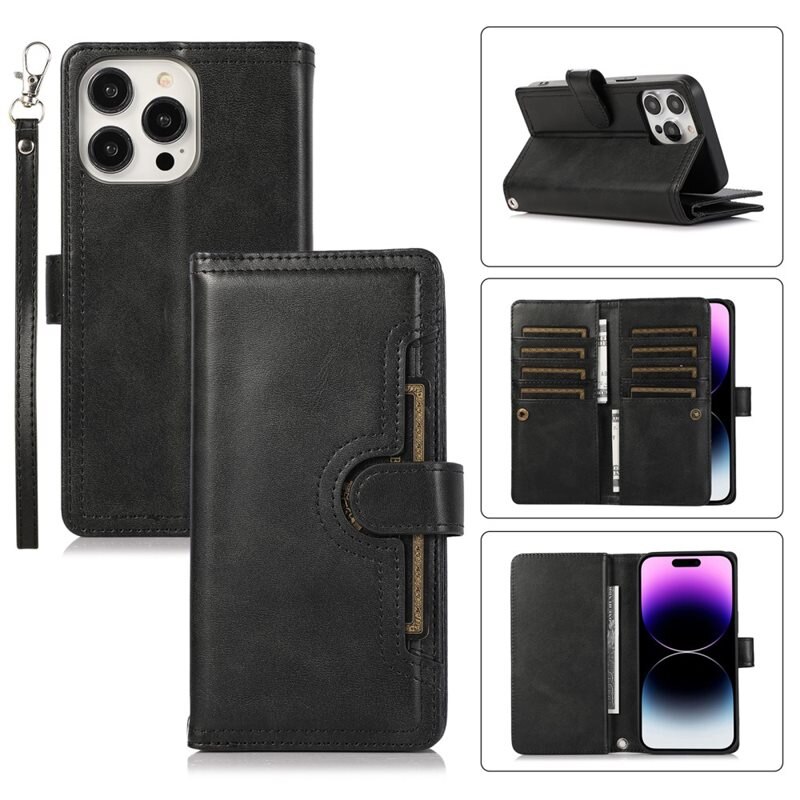 iPhone 15 Pro Max Leren Bookcover hoesje Multi-Slot Rits zwart - Telefoonhoesje - Boekhoesje - Pasjeshouder