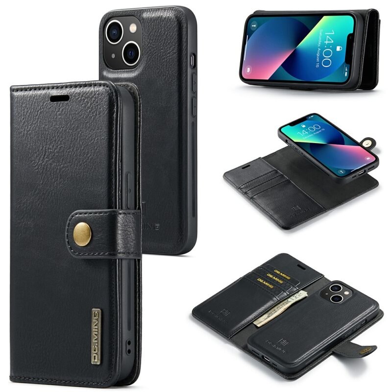 DG.MING Magnet Wallet iPhone 15 Plus Black - Stijlvol lederen boekhoesje met afneembaar magnetisch binnenhoesje