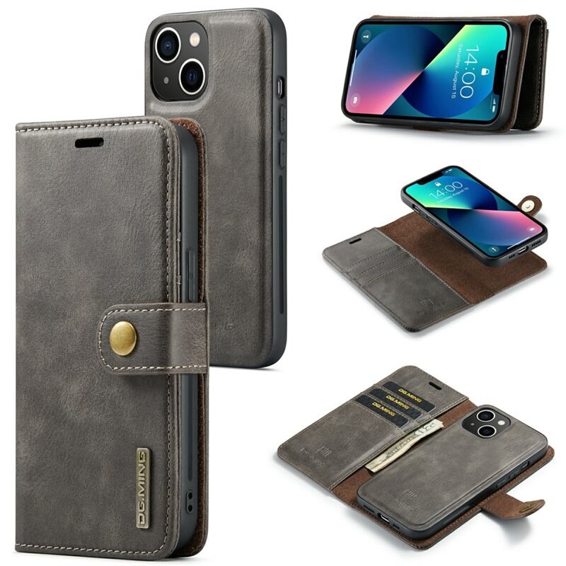 DG.MING Magnet Wallet iPhone 15 Plus Brown - Stijlvol lederen boekhoesje met afneembaar magnetisch binnenhoesje