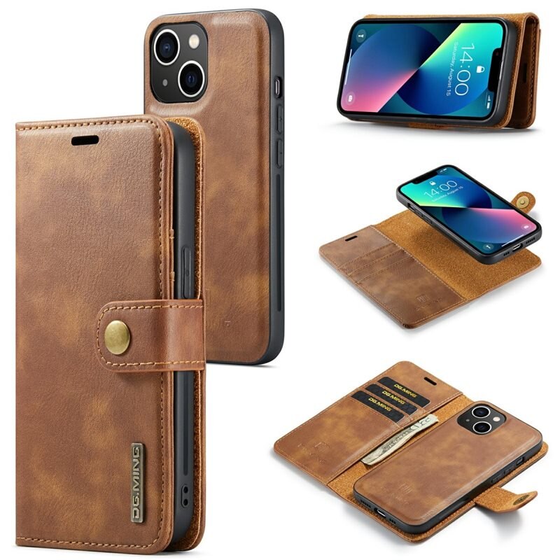 DG.MING Magnet Wallet iPhone 15 Plus Cognac - Stijlvol lederen boekhoesje met afneembaar magnetisch binnenhoesje