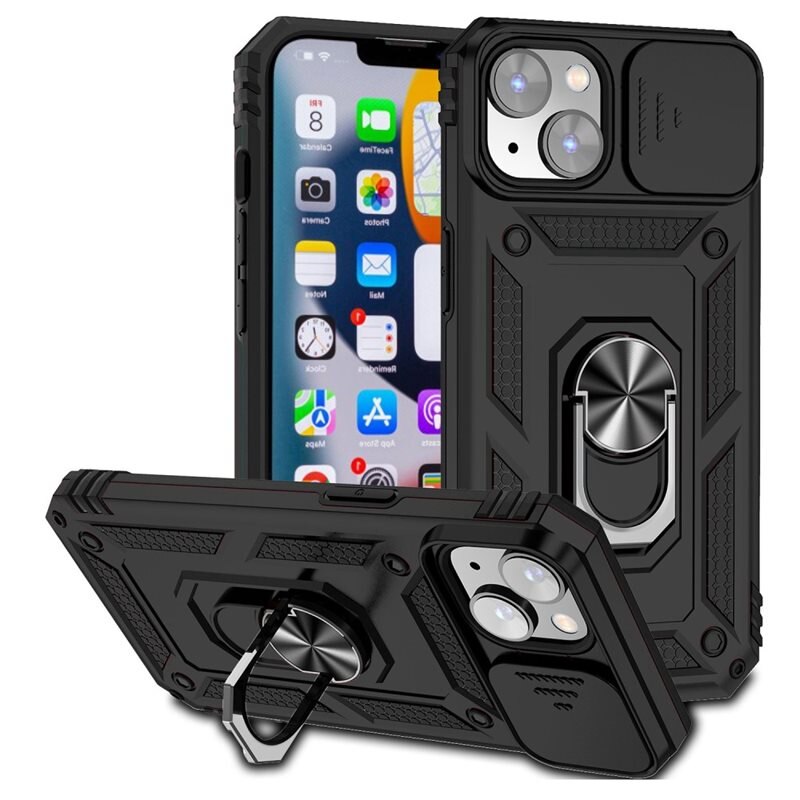 iPhone 15 Hybridcase Ring + Camera Protector Zwart - Cool hoesje met gripring en cameraluikje