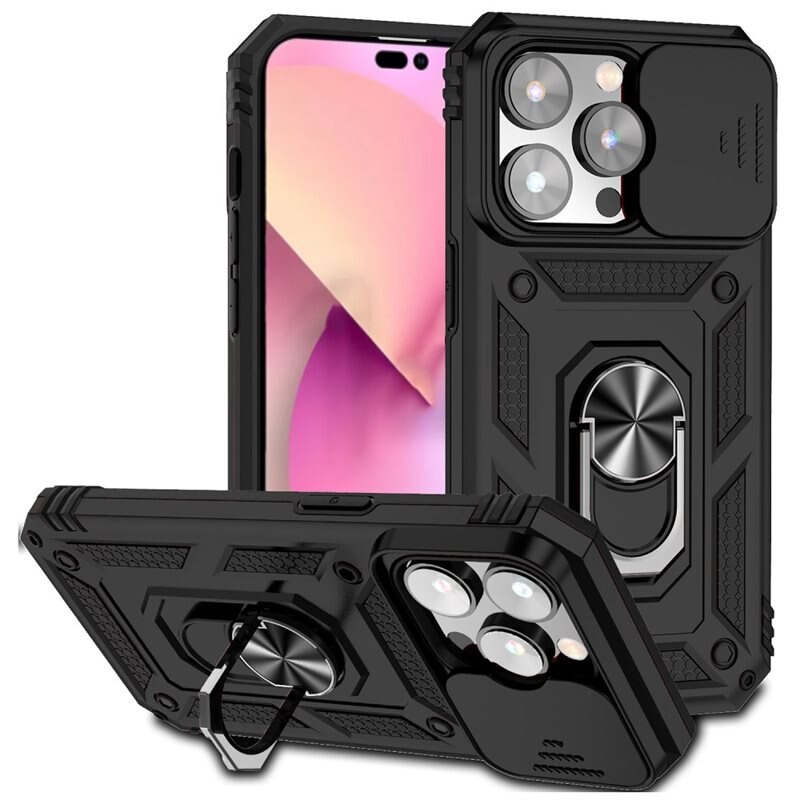iPhone 15 Pro Hybridcase Ring + Camera Protector Zwart - Cool hoesje met gripring en cameraluikje