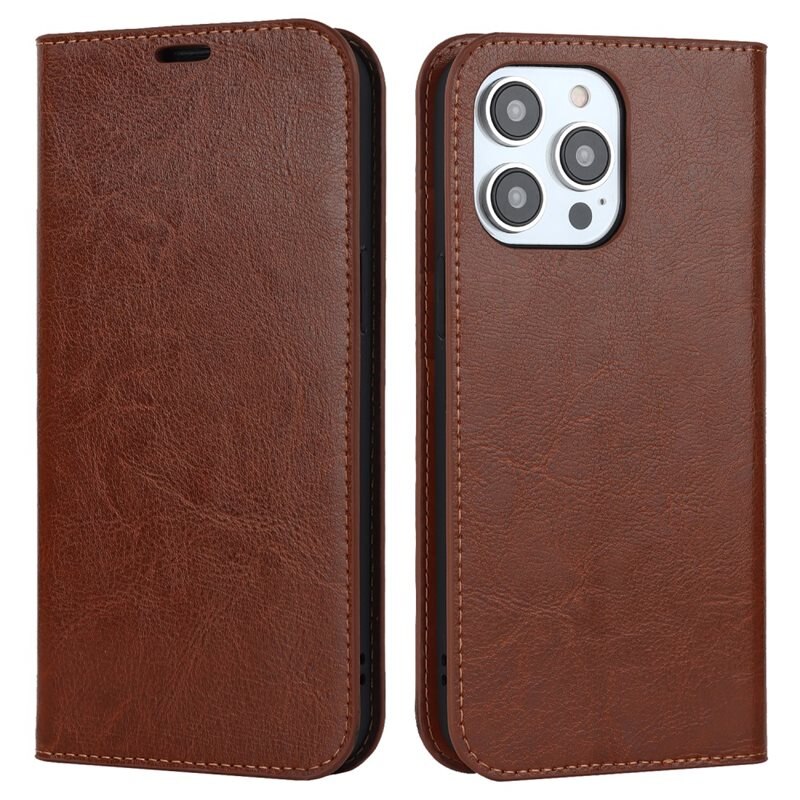 iPhone 15 Pro Max Mobielhoesje Echt Leer Bruin - Dun hoesje met kaartvak en standaardfunctie