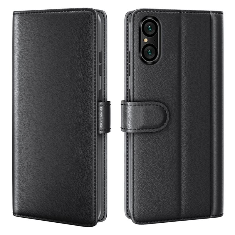 Sony Xperia 5 V Echt lederen hoesje Zwart - Klassiek boekhoesje met plek voor briefgeld en pasjes