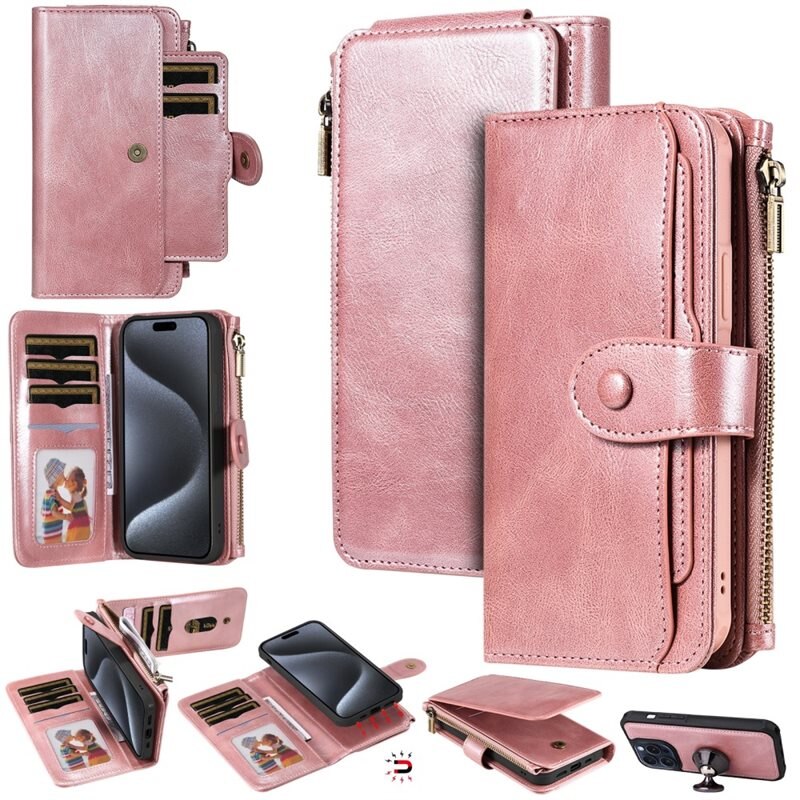 iPhone 15 Pro Magnet Leather Multi-Wallet roze - Boekhoesje met losse magneetcase