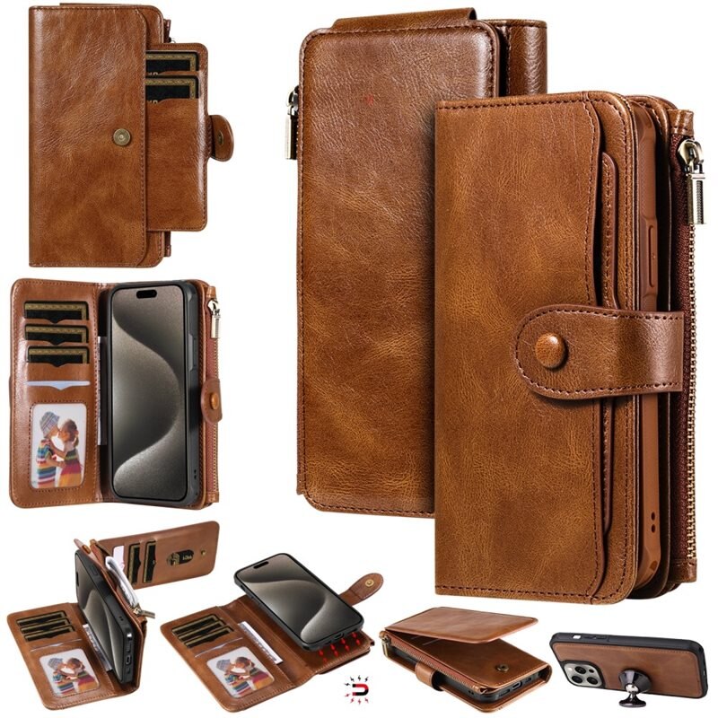 iPhone 15 Pro Max Magnet Leather Multi-Wallet bruin - Boekhoesje met losse magneetcase