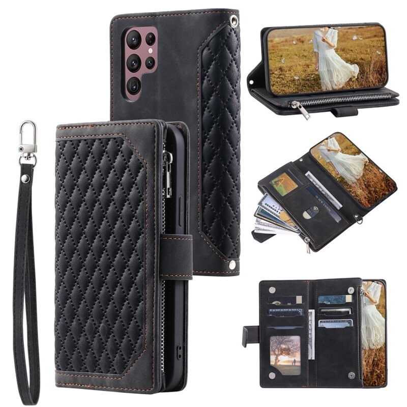 Samsung Galaxy S24 Ultra Portemonnee tas Quilted Zwart - Telefoontasje dames