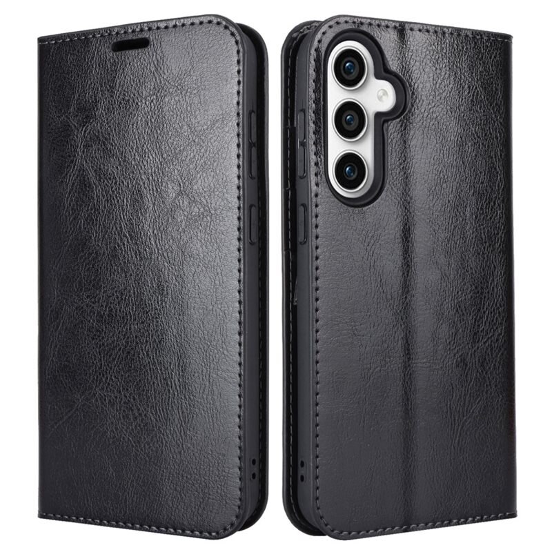 Samsung Galaxy S23 FE Mobielhoesje Echt Leer Zwart - Dun hoesje met kaartvak en standaardfunctie