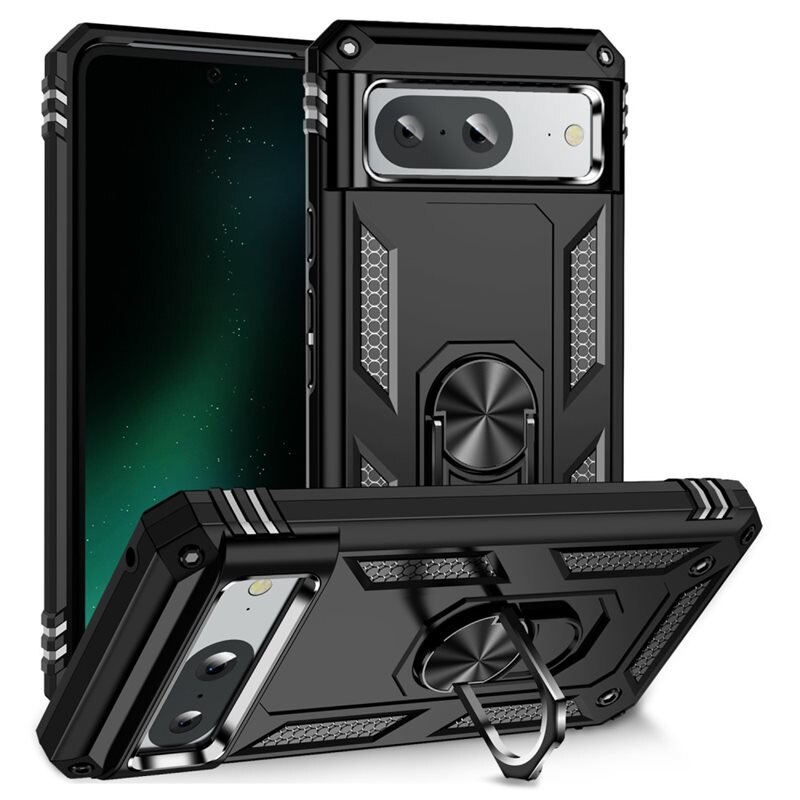 Google Pixel 8a Hybridcase Tech Ring zwart - Cool telefoonhoesje met ring voor betere grip