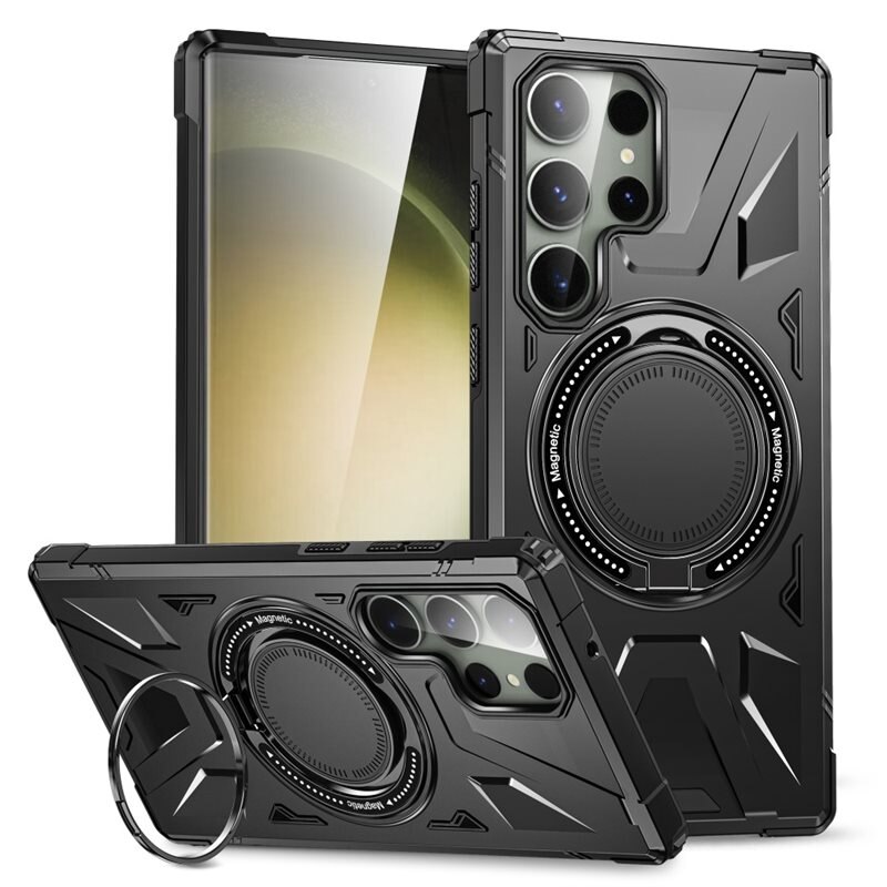 Samsung Galaxy S24 Ultra Hybridcase Tech MagSafe Ring zwart - Stoer schokbestendig MagSafe-hoesje met uitschuifbare ring