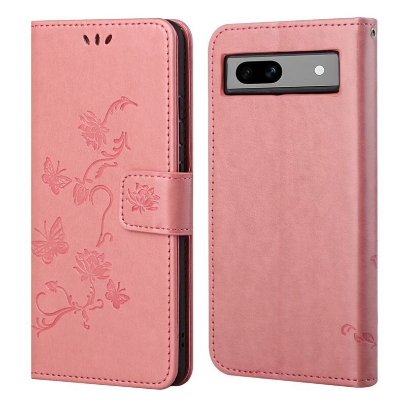 Google Pixel 8a Leren vlinderhoesje Roze - Mooi telefoonhoesje met patroontje