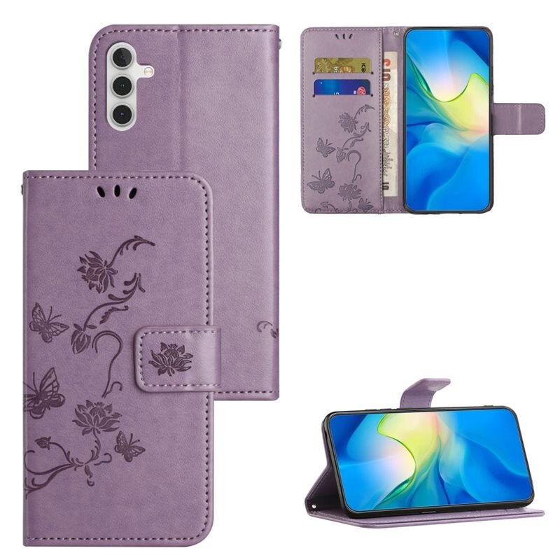 Samsung Galaxy A55 Leren vlinderhoesje Paars - Mooi telefoonhoesje met patroontje