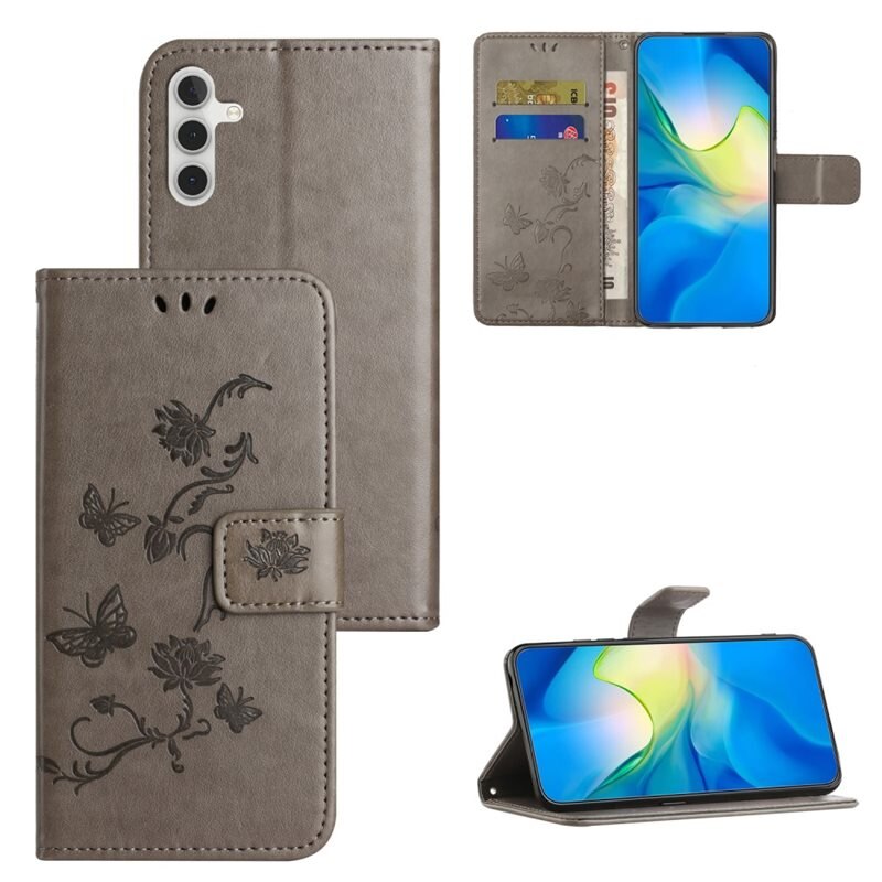Samsung Galaxy A55 Leren vlinderhoesje Grijs - Mooi telefoonhoesje met patroontje