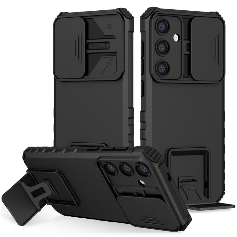 Samsung Galaxy S24 Kickstand Hoesje met Camera Protector Zwart - Hoesje met cameragat en uitschuifbare standaard