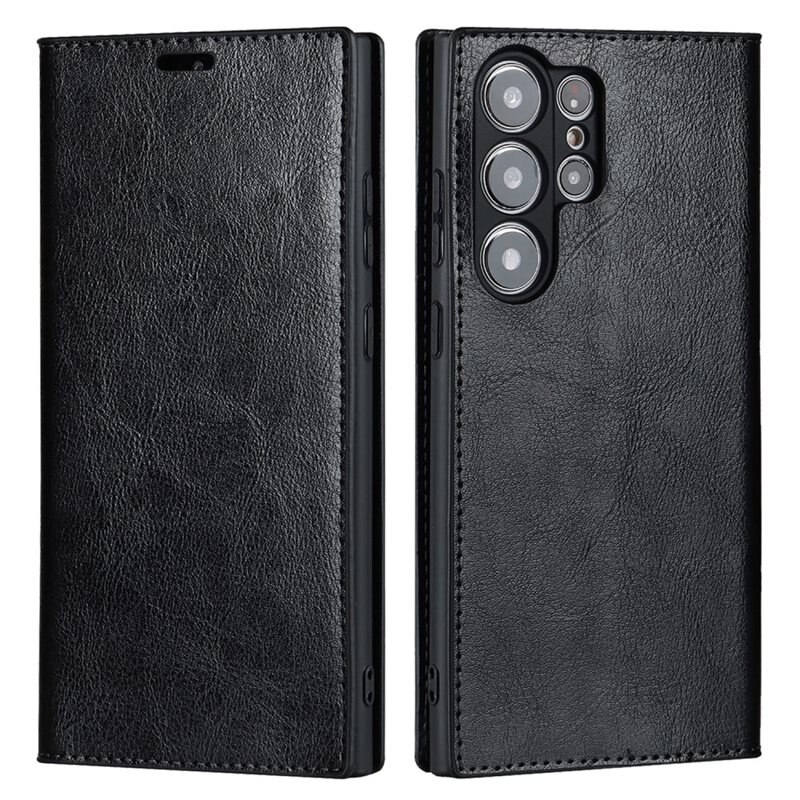 Samsung Galaxy S23 Ultra Mobielhoesje Echt Leer Zwart - Dun hoesje met kaartvak en standaardfunctie