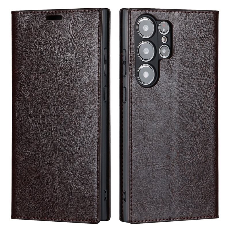 Samsung Galaxy S23 Ultra Mobielhoesje Echt Leer Donkerbruin - Dun hoesje met kaartvak en standaardfunctie