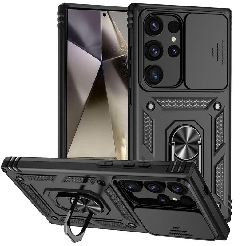 Samsung Galaxy S24 Ultra Hybridcase Ring + Camera Protector Zwart - Cool hoesje met gripring en cameraluikje