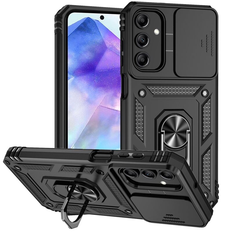 Samsung Galaxy A55 Hybridcase Ring + Camera Protector Zwart - Cool hoesje met gripring en cameraluikje