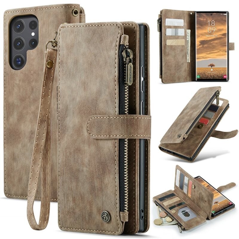 CaseMe Bookcover hoesje Rits Samsung Galaxy S24 Ultra Bruin - Telefoonhoesje met portemonnee - Plek voor pasjes, muntgeld en briefgeld