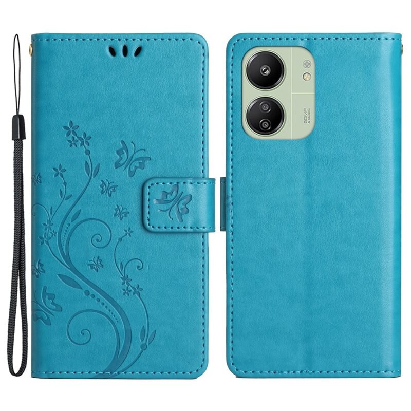 Xiaomi Redmi 13C Leren vlinderhoesje Blauw - Mooi telefoonhoesje met patroontje