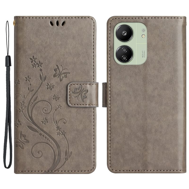 Xiaomi Redmi 13C Leren vlinderhoesje Grijs - Mooi telefoonhoesje met patroontje